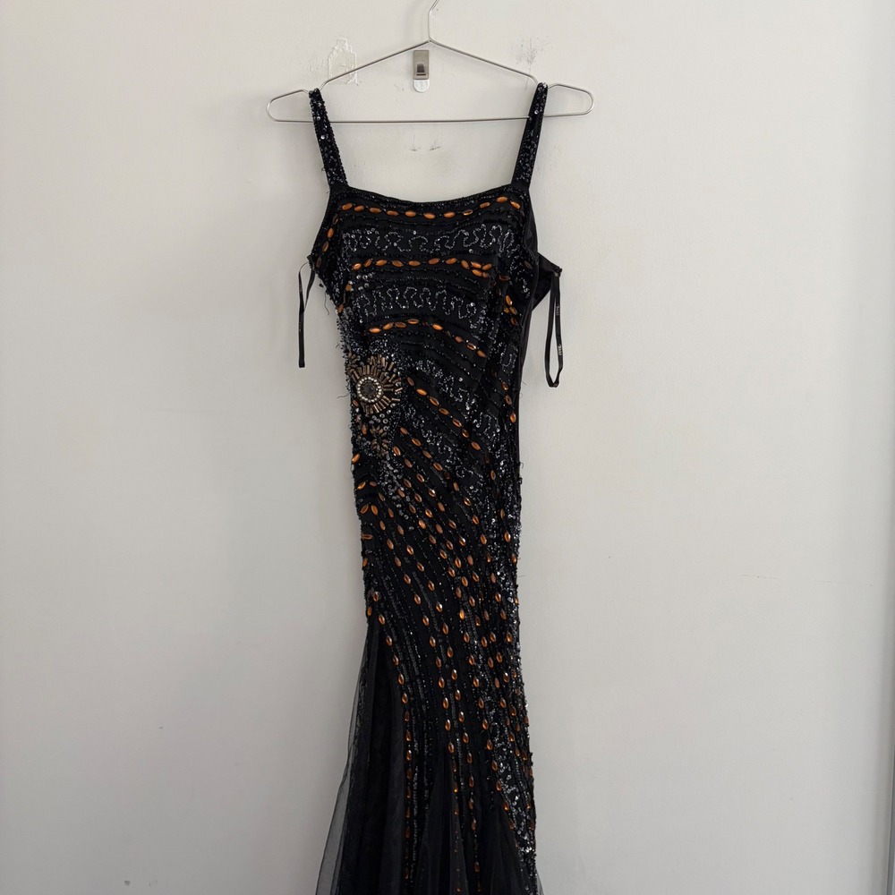 Bicici Black Beaded Sequin Amber Jewel Mermaid Prom Gown Vintage